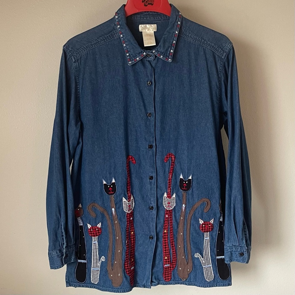 Vintage Bobbie Brooks Denim Shirt - Cats & Embellishments - Size Large